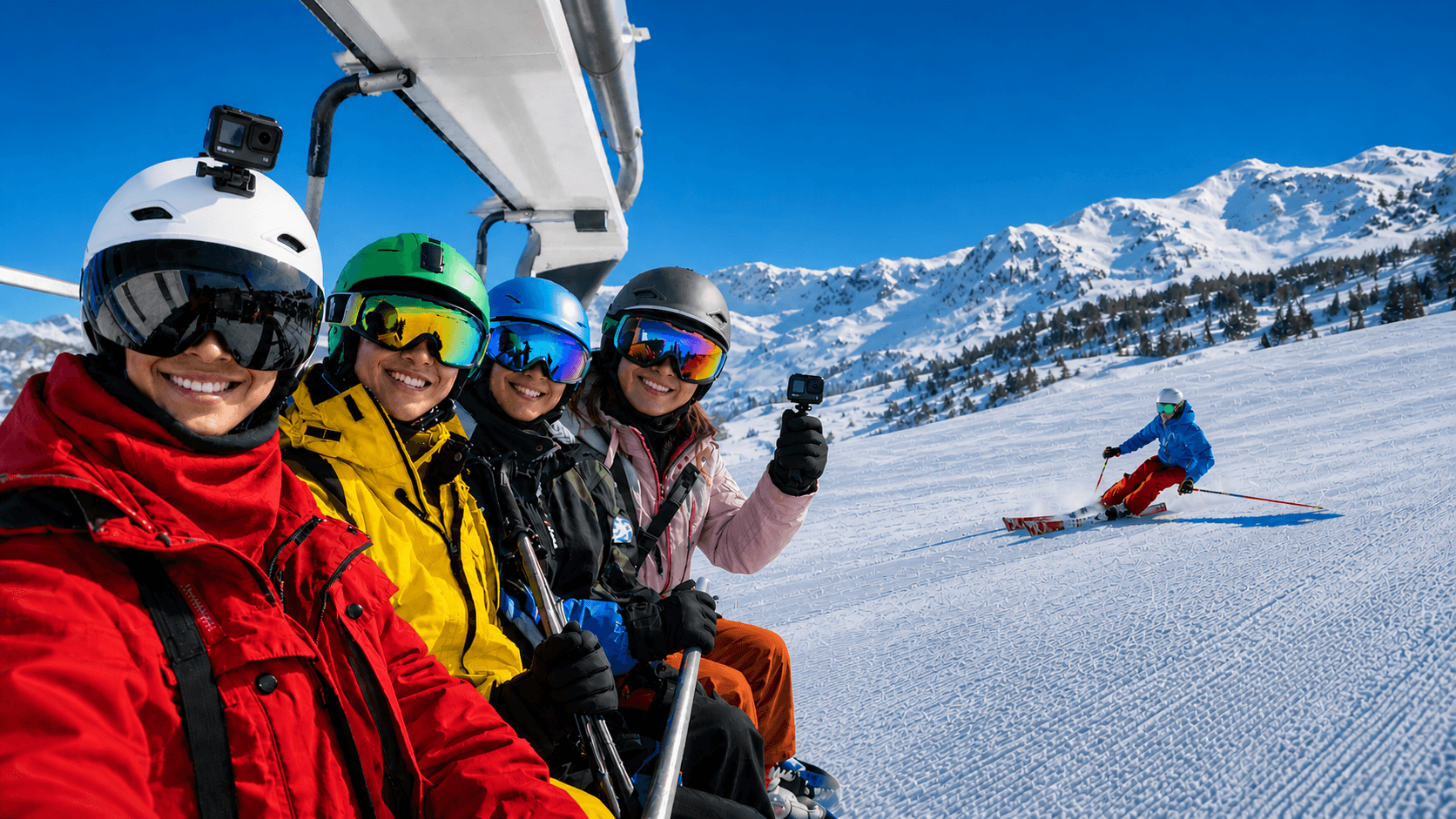 Skiers on a chairlift in the Snowy Mountains